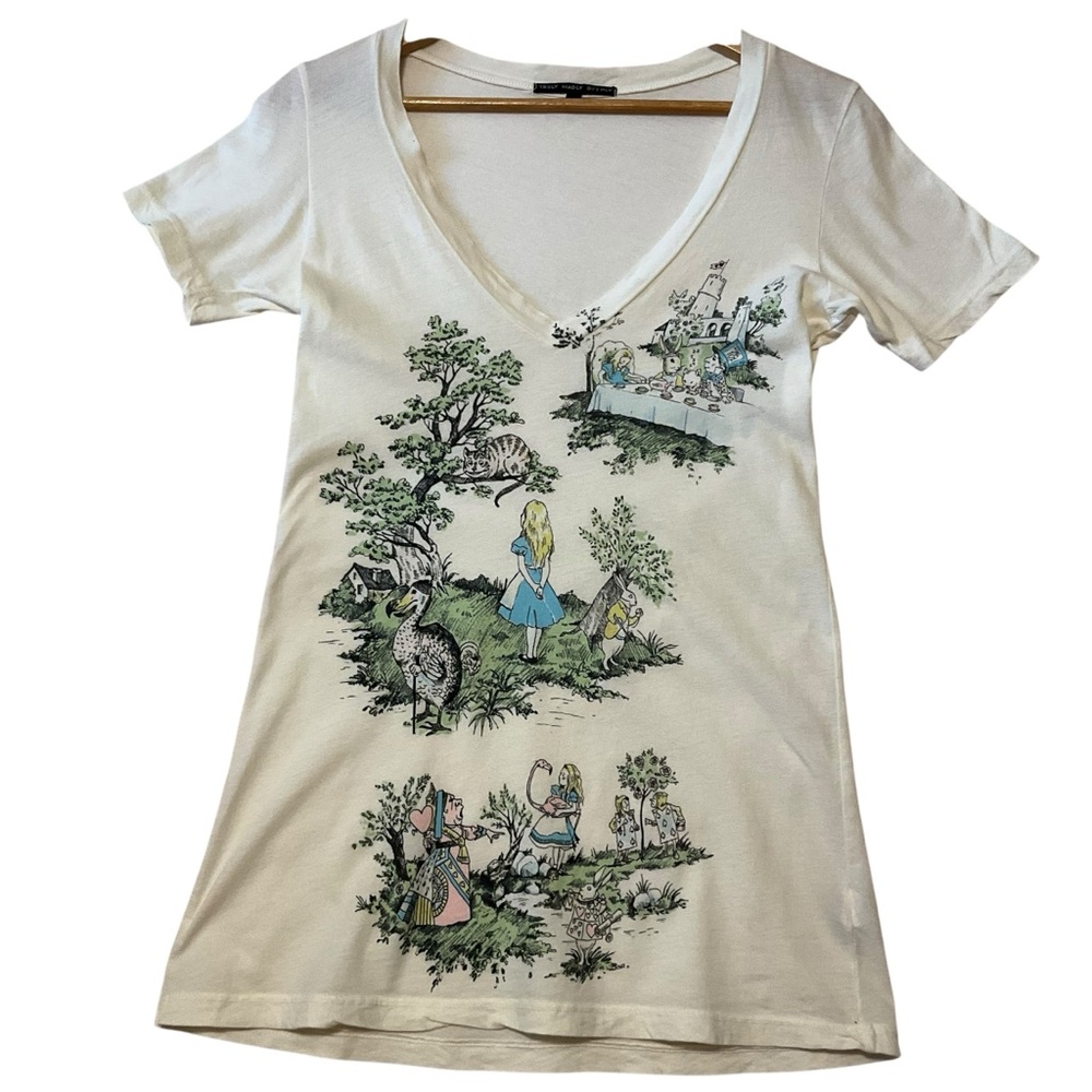 TRULY MADLY DEEPLY sz Small Alice in Wonderland T Shirt Deep V Neck Short Sleeve